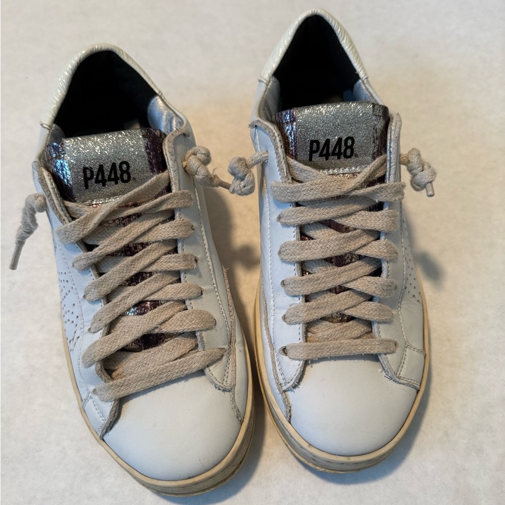 P448  White ‘YOU CAN SURF LATER’ Lace-Up Glitter Accent Grunge Sneakers -Size 6